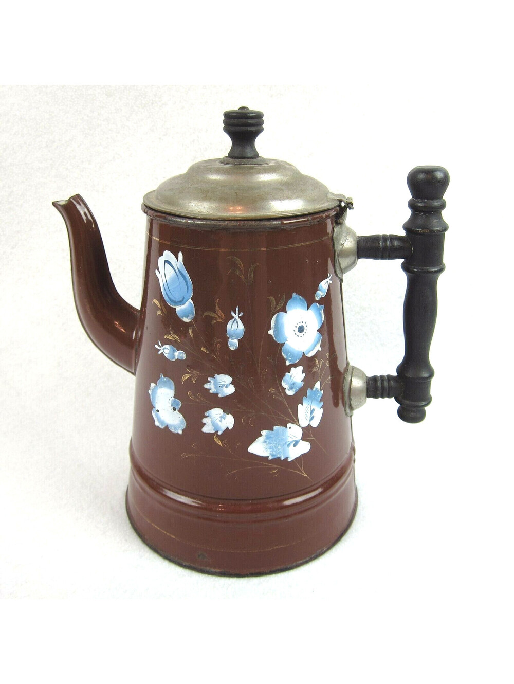 Antique Enamelware Coffee Pot Boiler Brown & Blue Flower Floral Lid Handle RARE